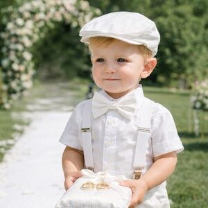 White Ring Bearer Suspender Set + Satin Bow Tie, baptism hat and bow tie set